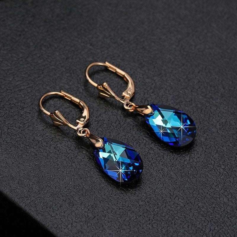 EVEVIC Austrian Crystal Teardrop Leverback Dangle Earrings for Women Fashion 14K Gold Plated Hypoallergenic Jewelry (Bermuda Blue) - Image 3